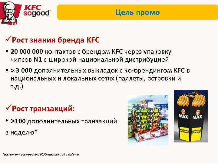 Цель промо üРост знания бренда KFC § 20 000 контактов с брендом KFC через