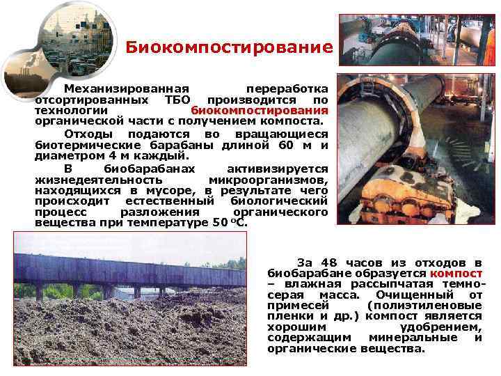 Биокомпостирование Механизированная переработка отсортированных ТБО производится по технологии биокомпостирования органической части с получением компоста.