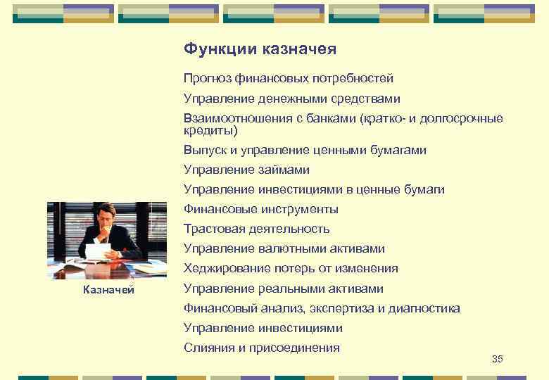 Функции казначея Прогноз финансовых потребностей Управление денежными средствами Взаимоотношения с банками (кратко- и долгосрочные