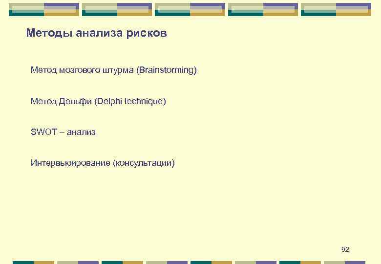 Методы анализа рисков Метод мозгового штурма (Brainstorming) Метод Дельфи (Delphi technique) SWOT – анализ