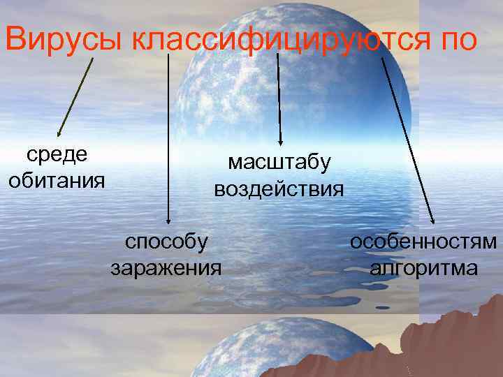 Вирусы классифицируются по среде обитания масштабу воздействия способу заражения особенностям алгоритма 
