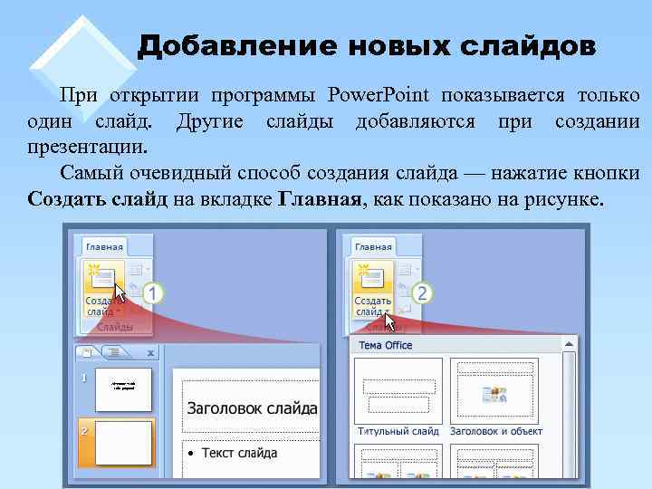Добавление новых слайдов При открытии программы Power. Point показывается только один слайд. Другие слайды