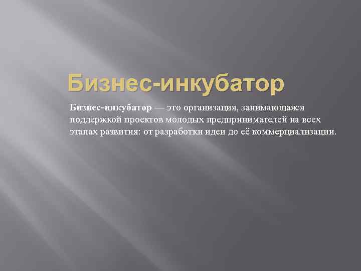 Бизнес-инкубатор — это организация, занимающаяся поддержкой проектов молодых предпринимателей на всех этапах развития: от