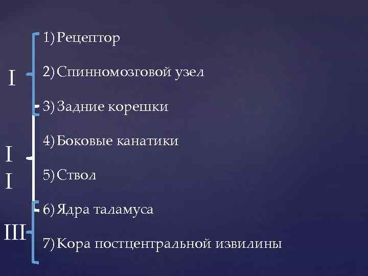 1) Рецептор I 2) Спинномозговой узел 3) Задние корешки I I III 4) Боковые