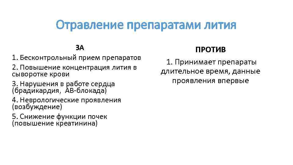 Отравление препаратами лития ЗА 1. Бесконтрольный прием препаратов 2. Повышение концентрация лития в сыворотке