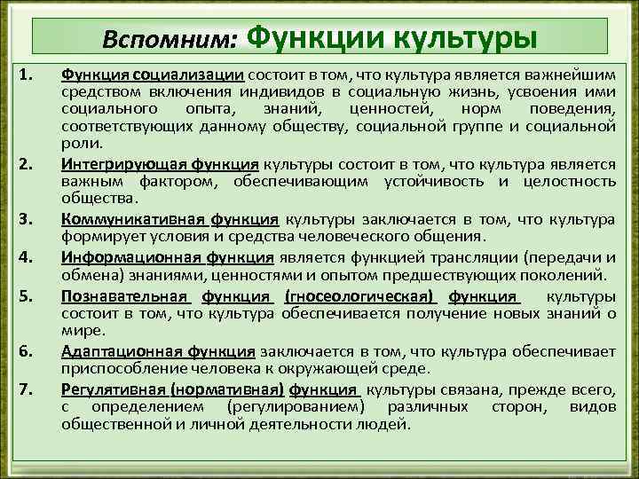 Вспомним: Функции культуры 1. 2. 3. 4. 5. 6. 7. Функция социализации состоит в