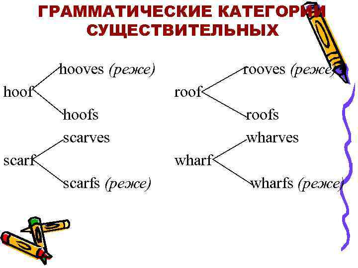 ГРАММАТИЧЕСКИЕ КАТЕГОРИИ СУЩЕСТВИТЕЛЬНЫХ hooves (реже) hoof rooves (реже) roof hoofs scarves scarf roofs wharves