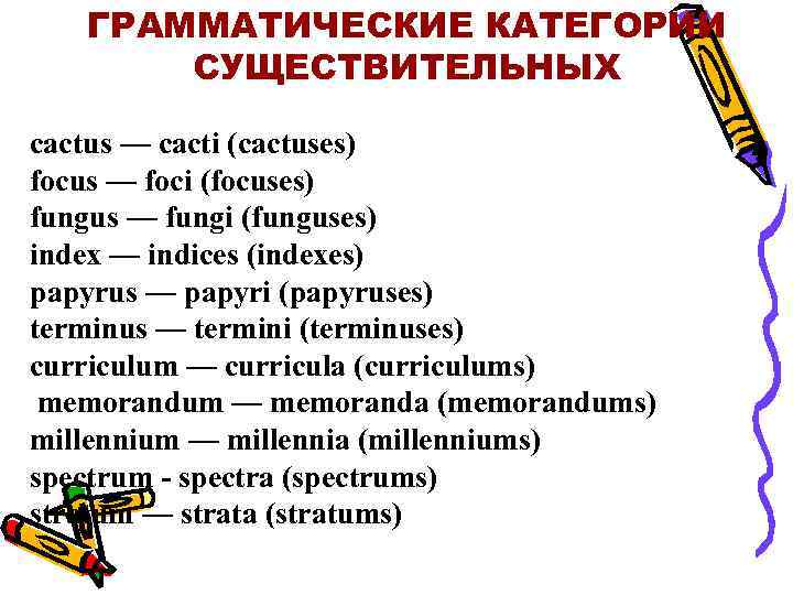 ГРАММАТИЧЕСКИЕ КАТЕГОРИИ СУЩЕСТВИТЕЛЬНЫХ cactus — cacti (cactuses) focus — foci (focuses) fungus — fungi