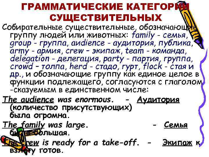 ГРАММАТИЧЕСКИЕ КАТЕГОРИИ СУЩЕСТВИТЕЛЬНЫХ Собирательные существительные, обозначающие группу людей или животных: family - семья, group