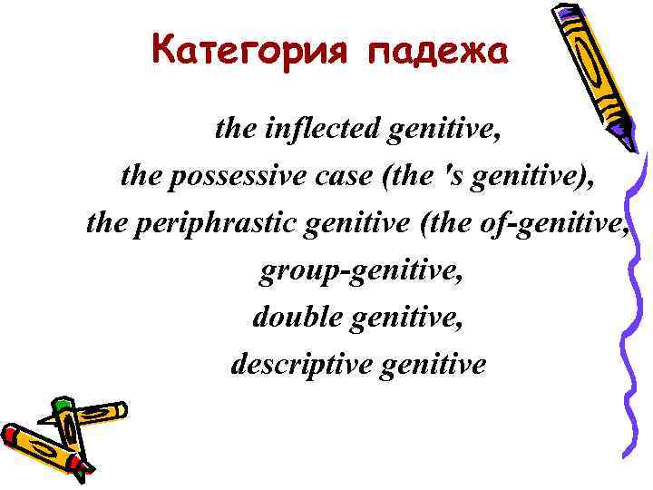 Категория падежа the inflected genitive, the possessive case (the 's genitive), the periphrastic genitive