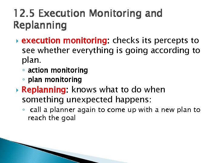 12. 5 Execution Monitoring and Replanning execution monitoring: checks its percepts to see whether