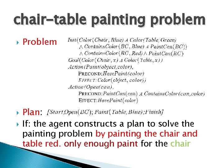 chair-table painting problem Problem Plan: If: the agent constructs a plan to solve the