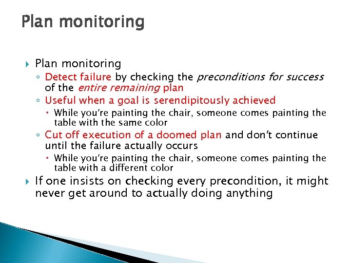 Plan monitoring ◦ Detect failure by checking the preconditions for success of the entire