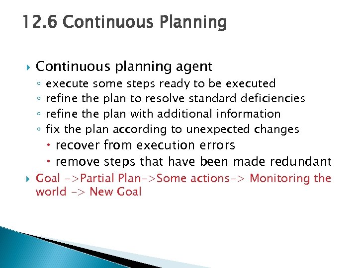 12. 6 Continuous Planning Continuous planning agent ◦ ◦ execute some steps ready to