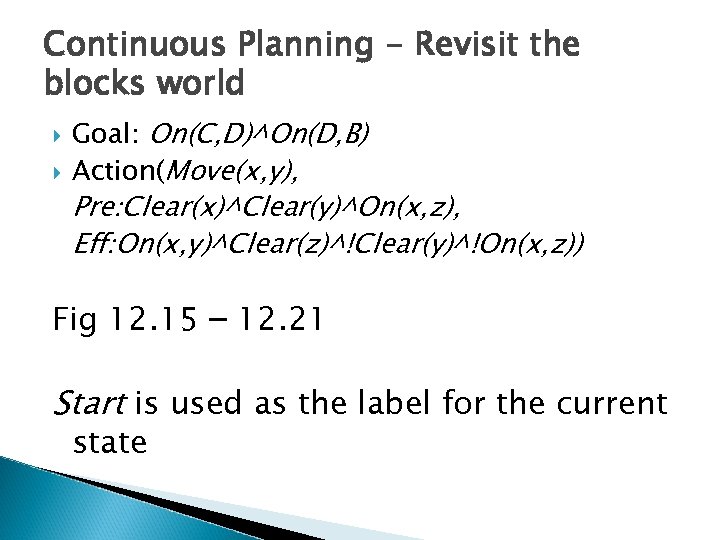 Continuous Planning - Revisit the blocks world Goal: On(C, D)^On(D, B) Action(Move(x, y), Pre: