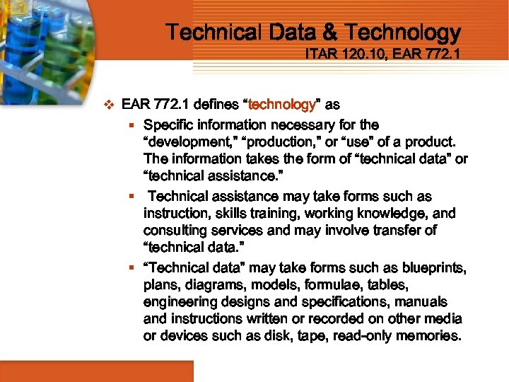 Technical Data & Technology ITAR 120. 10, EAR 772. 1 v EAR 772. 1