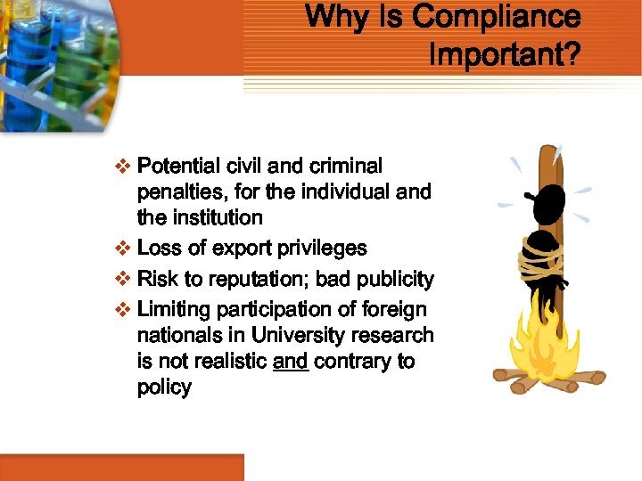 Why Is Compliance Important? v Potential civil and criminal penalties, for the individual and