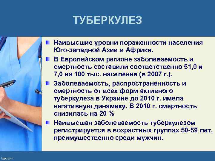 ТУБЕРКУЛЕЗ Наивысшие уровни пораженности населения Юго-западной Азии и Африки. В Европейском регионе заболеваемость и