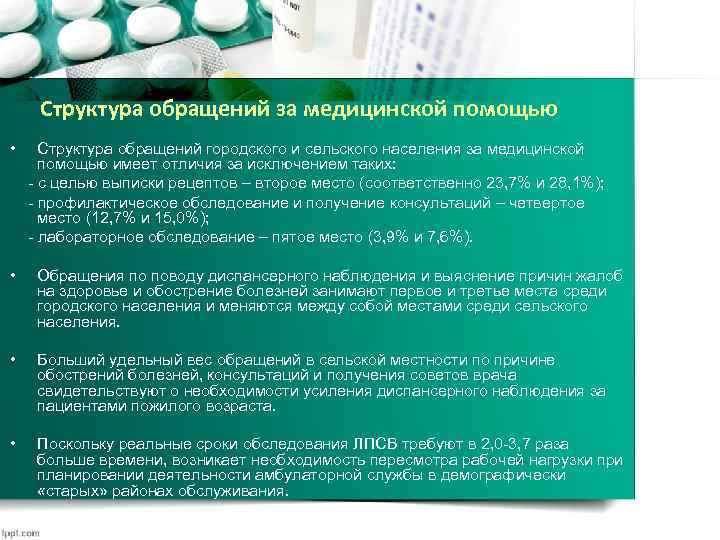 Структура обращений за медицинской помощью • Структура обращений городского и сельского населения за медицинской