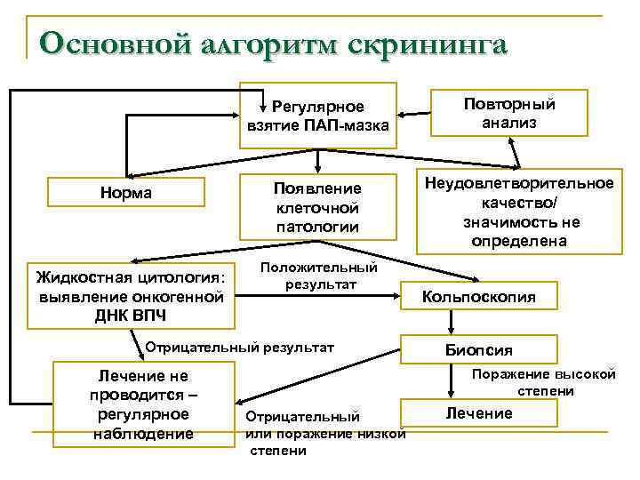 Основной алгоритм скрининга Регулярное взятие ПАП-мазка Норма Жидкостная цитология: выявление онкогенной ДНК ВПЧ Появление