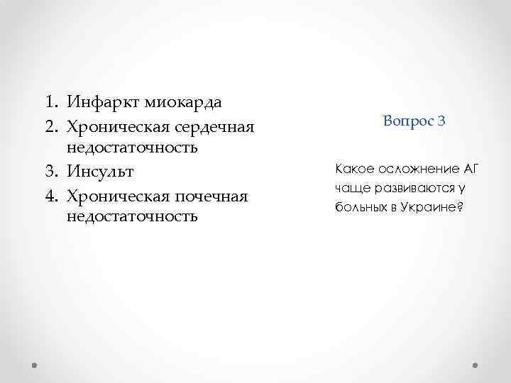 1. Инфаркт миокарда 2. Хроническая сердечная недостаточность 3. Инсульт 4. Хроническая почечная недостаточность Вопрос