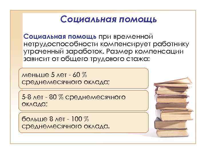 Социальная помощь при временной нетрудоспособности компенсирует работнику утраченный заработок. Размер компенсации зависит от общего
