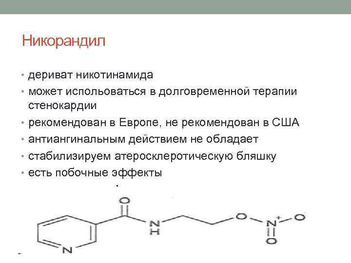 Никорандил • дериват никотинамида • может испольоваться в долговременной терапии стенокардии • рекомендован в