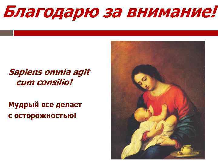 Благодарю за внимание! Sapiens omnia agit cum consilio! Мудрый все делает с осторожностью! 