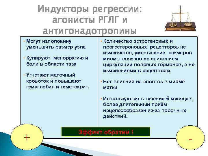 Индукторы регрессии: агонисты РГЛГ и антигонадотропины • Количество эстрогеновых и • Могут наполовину уменьшить