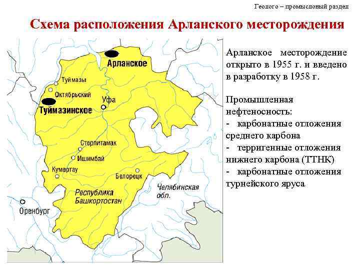 Геолого – промысловый раздел Схема расположения Арланского месторождения Арланское месторождение открыто в 1955 г.