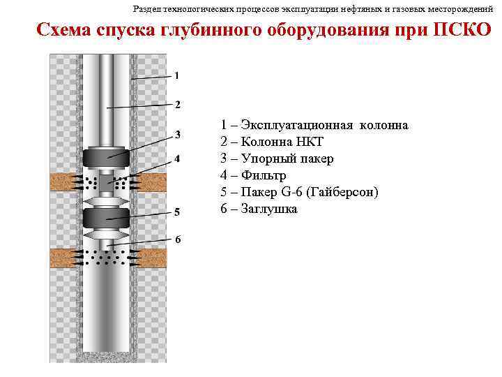 Раздел технологических процессов эксплуатации нефтяных и газовых месторождений Схема спуска глубинного оборудования при ПСКО