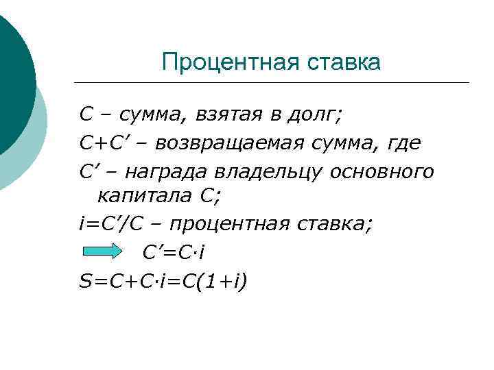 Процентная ставка С – сумма, взятая в долг; С+С’ – возвращаемая сумма, где С’