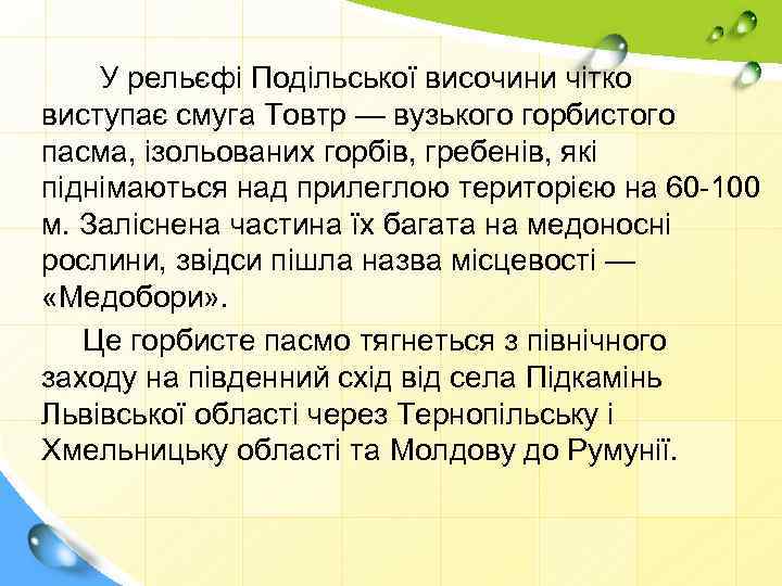 У рельєфі Подільської височини чітко виступає смуга Товтр — вузького горбистого пасма, ізольованих горбів,
