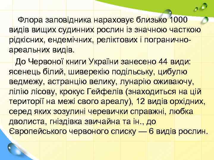 Флора заповідника нараховує близько 1000 видів вищих судинних рослин із значною часткою рідкісних, ендемічних,
