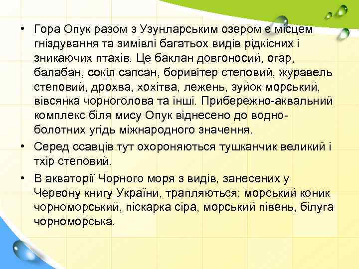  • Гора Опук разом з Узунларським озером є місцем гніздування та зимівлі багатьох
