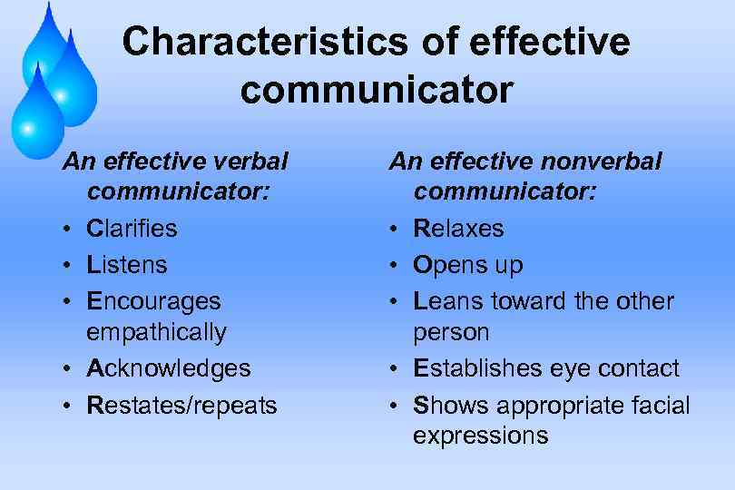 Characteristics of effective communicator An effective verbal communicator: • Clarifies • Listens • Encourages