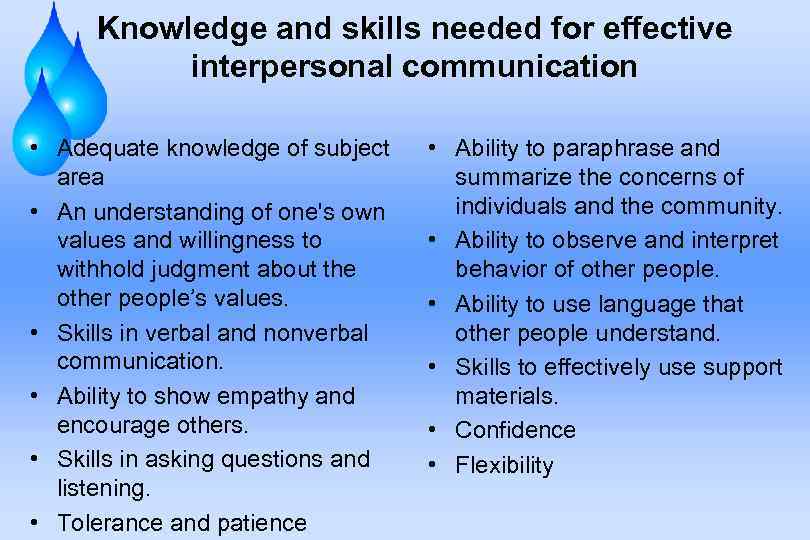 Knowledge and skills needed for effective interpersonal communication • Adequate knowledge of subject area