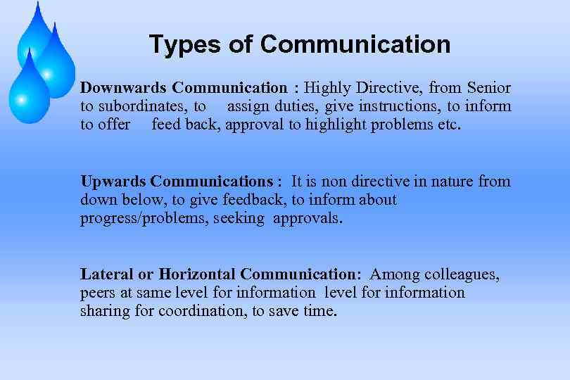 Types of Communication Downwards Communication : Highly Directive, from Senior to subordinates, to assign