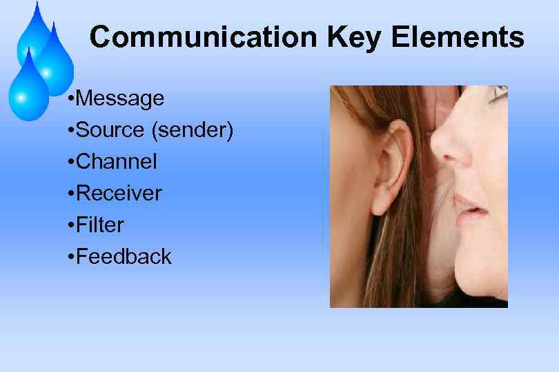 Communication Key Elements • Message • Source (sender) • Channel • Receiver • Filter