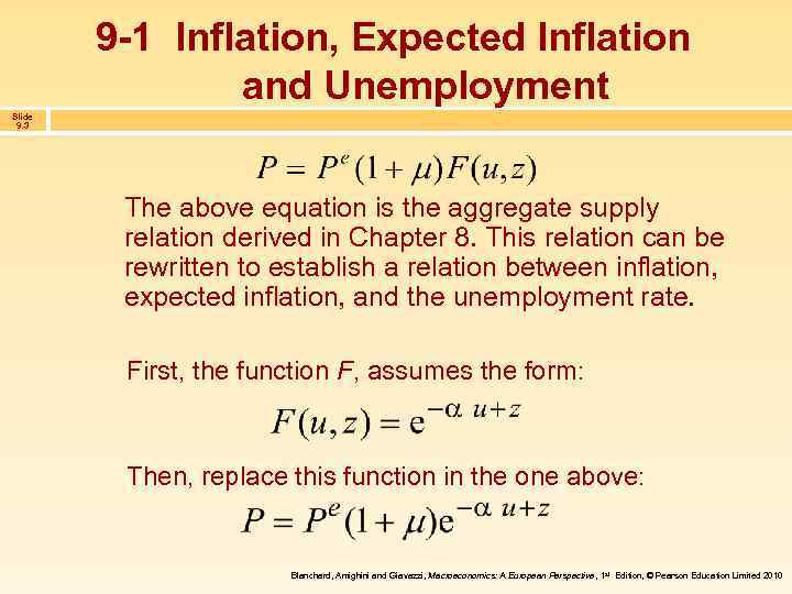 9 -1 Inflation, Expected Inflation and Unemployment Slide 9. 3 The above equation is