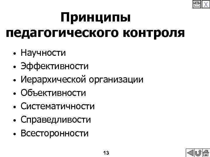  X Принципы педагогического контроля • • Научности Эффективности Иерархической организации Объективности Систематичности Справедливости