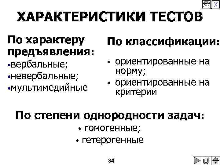  X ХАРАКТЕРИСТИКИ ТЕСТОВ По характеру предъявления: По классификации: • вербальные; • • мультимедийные