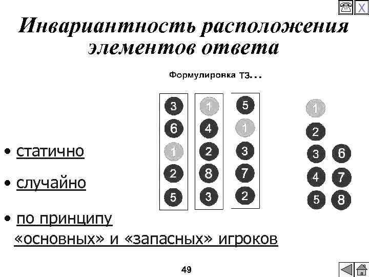  X Инвариантность расположения элементов ответа • статично • случайно • по принципу «основных»