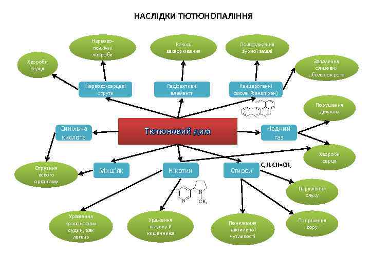 НАСЛІДКИ ТЮТЮНОПАЛІННЯ Нервовопсихічні хвороби Ракові захворювання Пошкодження зубної емалі Запалення слизових оболонок рота Хвороби