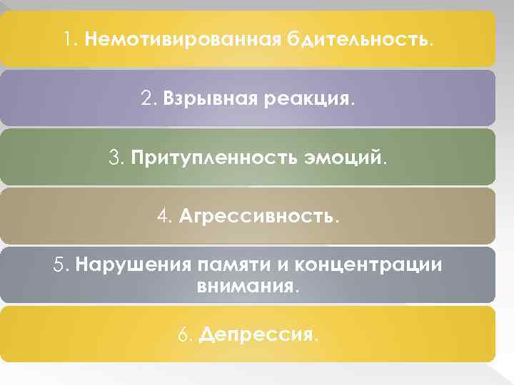 1. Немотивированная бдительность. 2. Взрывная реакция. 3. Притупленность эмоций. 4. Агрессивность. 5. Нарушения памяти