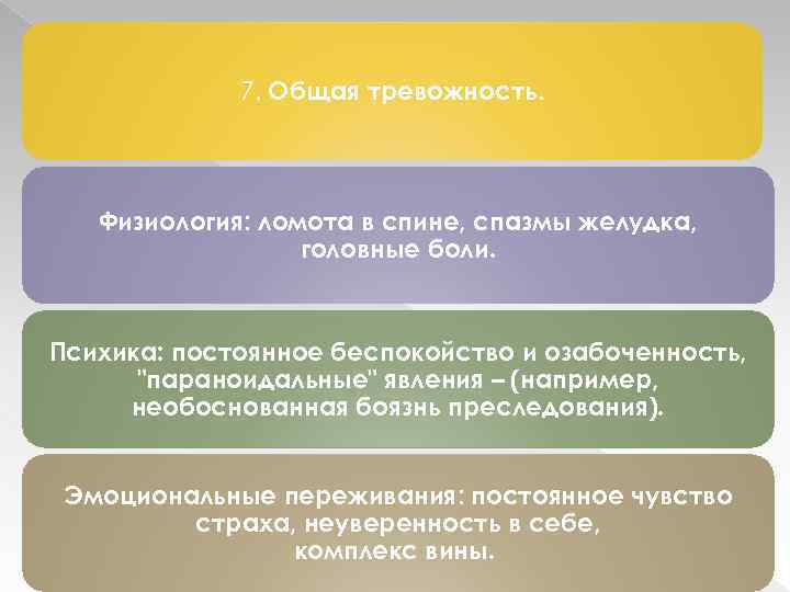 7. Общая тревожность. Физиология: ломота в спине, спазмы желудка, головные боли. Психика: постоянное беспокойство