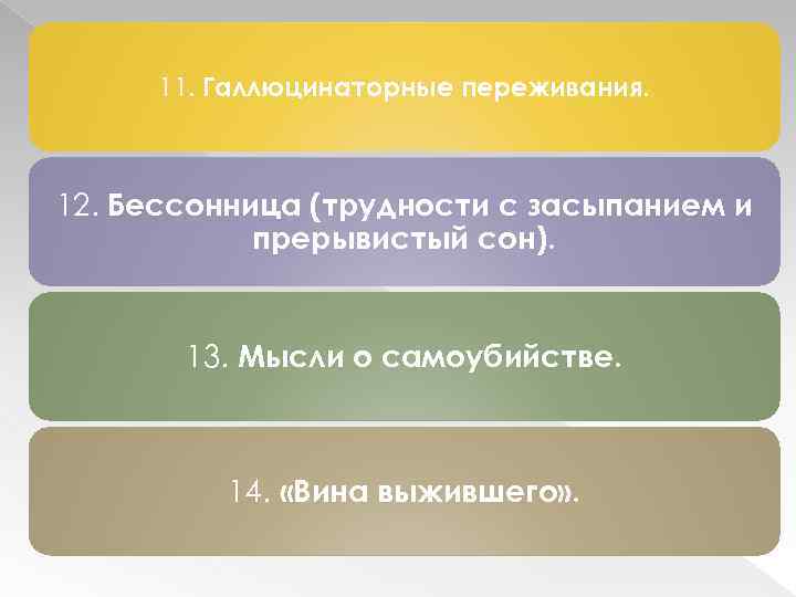 11. Галлюцинаторные переживания. 12. Бессонница (трудности с засыпанием и прерывистый сон). 13. Мысли о