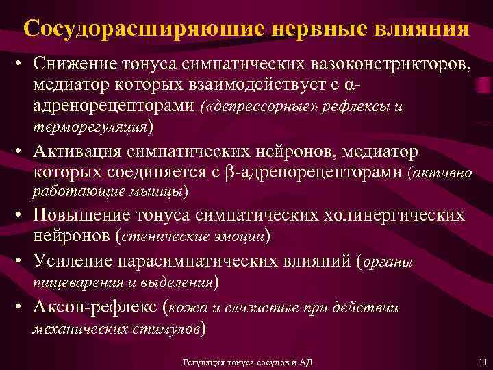 Сосудорасширяюшие нервные влияния • Снижение тонуса симпатических вазоконстрикторов, медиатор которых взаимодействует с αадренорецепторами (