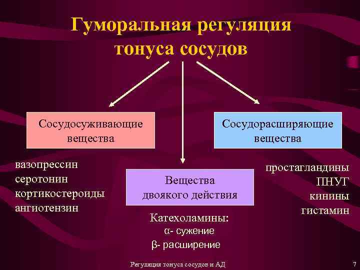 Гуморальная регуляция тонуса сосудов Сосудосуживающие вещества вазопрессин серотонин кортикостероиды ангиотензин Сосудорасширяющие вещества Вещества двоякого