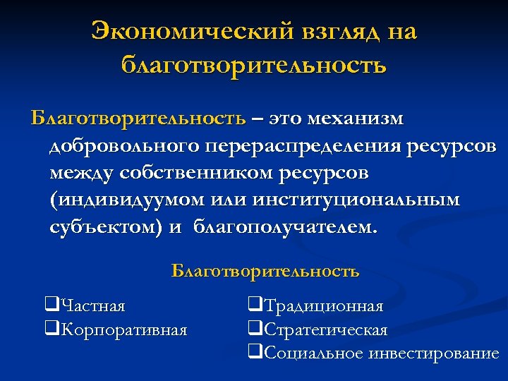 Экономический взгляд на благотворительность Благотворительность – это механизм добровольного перераспределения ресурсов между собственником ресурсов